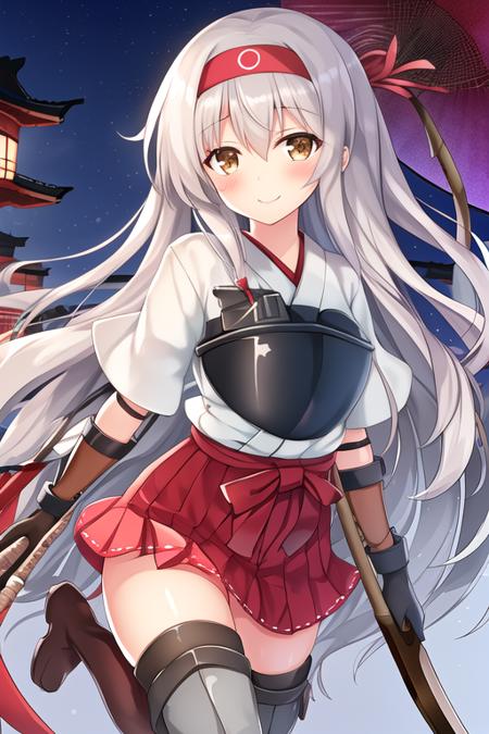 masterpiece, best quality, highres, solo, {shoukaku_kantaicollection:1.10}, long_hair, hairband, white_hair, brown_eyes, smile, headband, muneate, blush, 1girl, bow_\(weapon\), japanese_clothes, skirt, thigh_boots, thighhighs, weapon, boots, gloves, grey_hair, looking_at_viewer