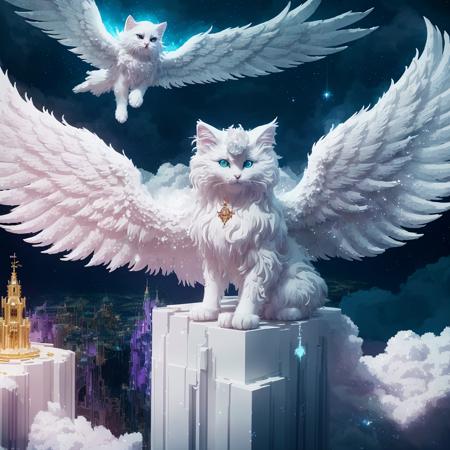 masterpiece, 8k, Fluffy White Angel cat perched upon golden bejeweled tower in a heavenly utopian city, huge feathery angel wings, glowing nebula eyes, white flowing clouds, ivory armor with diamond gem inlay, trending on artstation, sharp focus, studio photo, intricate details, highly detailed