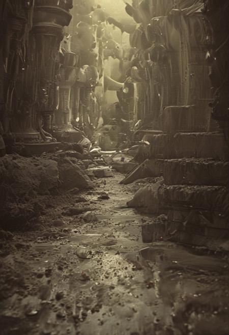 An otherworldly complex structure with pillars made of light and shadows, the ground pulsating with desaturated colors, ever-changing hues, embodying a dream within a dream, 
in the style of the movie ambiance of Ridley Scott's 'Alien' with 80s sci-fi nostalgia. Blend dreamlike, claustrophobic spaces, grimdark Warhammer 40K magic, and campy yet sinister tones. Envision a surreal, dystopian world where arcane forces meet retro-futuristic sci-fi, creating a uniquely haunting tableau
, in the style of an old 80's VHS dark fantasy, VHS screen grab, grainy, old footage