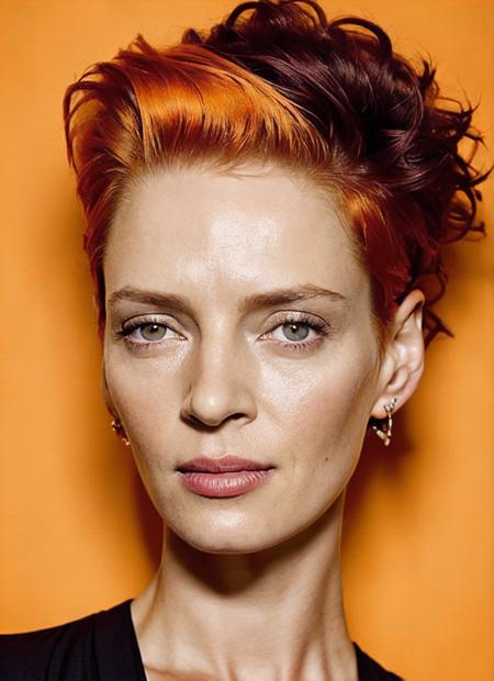 portrait of sks woman by Flora Borsi, style by Flora Borsi, bold, bright colours, orange Mohawk haircut, ((Flora Borsi)), <lora:locon_uma_v1_from_v1_64_32:1.25>