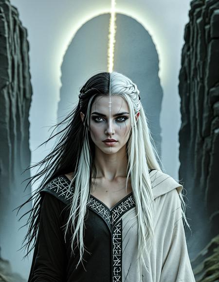 RAW full body analogue photo Hel the Norse Goddess, clear focus, high resolution image, nbn-hel, beautiful woman, ((half body, left black, right white)), ((white hair right side, black hair left side)), ((two-tones hair)),  heterochromia, realistic, <lora:sdxl_NBN-Hel_NordicByNature_r1:1.0>, nordicbynature, <lora:NordicByNature:0.8> ,Hel surrounded by Viking rune stones inscribed with messages from the dead.,photo Fantasy art combining the styles of Boris Vellejo and Luis Royo,Photorealistic, real photo, god rays, 1girl, 21yo,realistic,