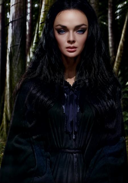 a fantasy BarbaraSteele Evil wizardress in a forest, wizard robe, long black hair, fashion pose, detailed symmetric beautiful blue eyes, detailed gorgeous face, fantasy environment, exquisite detail, imovie still, wallpaper, highdetailed, dark tones, realistic, cinematic, <lora:BarbaraSteele-15:1>,