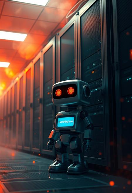 Cyberpunk style of a server room in fire. A small robot saying: "Everything is ok"