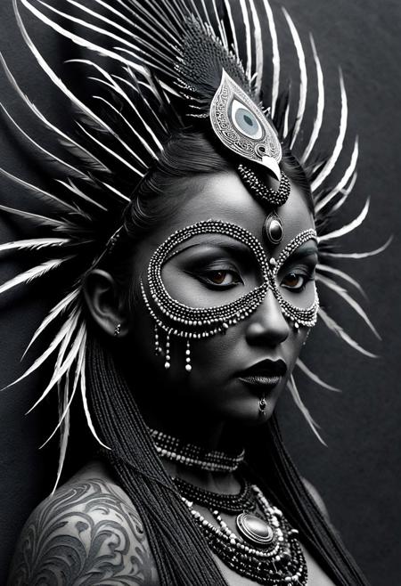 A beast made of writhing shadows and molten metal, with empty eye sockets that bleed black mist, 3D art, minimalist, ink drawing, graphite texture, rough cotton paper, monochrome, tribal portrait, detailed beadwork, feathers, face paint, subtle elegance, organic lines, cultural elements, textured surface, understated beauty, refined, traditional adornment, artistic realism, timeless composition