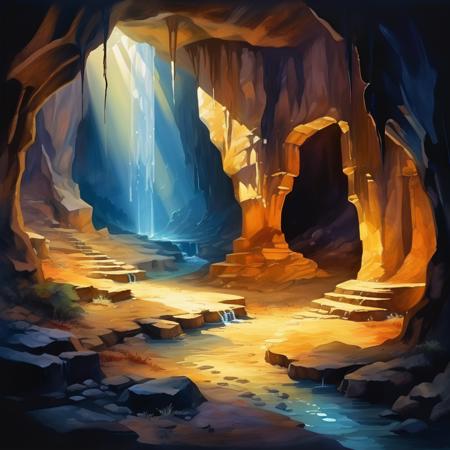 cave scene,shining,nature light,Fantastic light and shadows,
2d game scene,oil and watercolor painting,<lora:Retro_Illustration:0.85>,