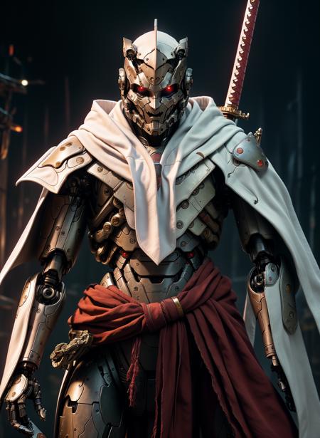 (masterpiece, best quality:1.3),extremely high detailed, 1male robot wearing cloak, (white cloak:1.2), holding sword, katana, god of war, intricate, 8k, HDR, wallpaper, cinematic lighting, (universe), ), (fighting other characters:1.2), glowing, armor, glowing eyes, mecha, large wings, <lora:Samuraibot:0.7>