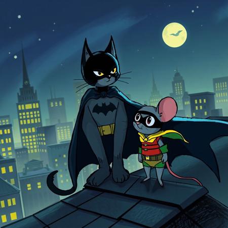 a cat in a batman suit over a roof in gotham city in the night and a little mouse with a robin suit