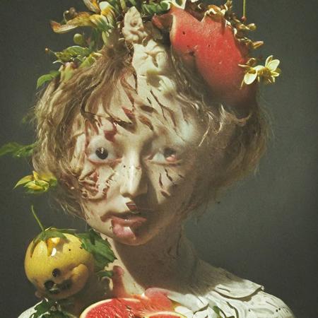 An award winning portrait photograph, a gorgeous busty bombshell brunette woman, by Rembrandt, gravitational lensing, hoph fibration bundles distortion of features of fruit, watermelon, apples, grapes, pears, figs, fern, flowers, flies, Leica M3, strobe flash, 3d stereoscopic color photograph, back lit,