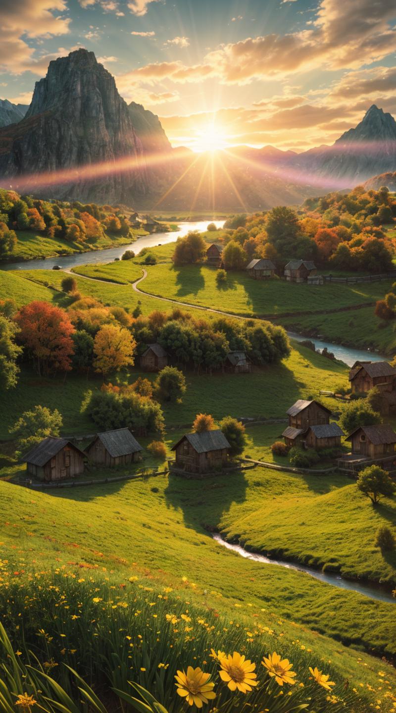 A picturesque valley with houses, water, and trees, set against a vibrant sunset.