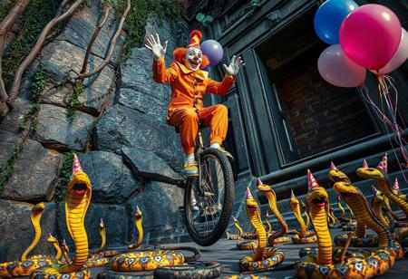 high quality, detailed, beautiful, masterpiece, correct anatomy, anatomically correct, detailed, realistic, masterpiece, complex shadows, intricate details, high quality, hi res, best quality, a clown is riding a unicycle, the unicycle the clown is riding has lama balloons tied to it, there are thumbtacks on the ground, there are many cobra snakes on the ground, the cobra snakes are wearing party hats, the clown is trying to avoid the thumbtacks, the clown is making balloon animals, the clown is nervous, scared, sweating heavily, low angle, looking up, view from bellow, jungle, temple, granite wall, vines, vivid colours,