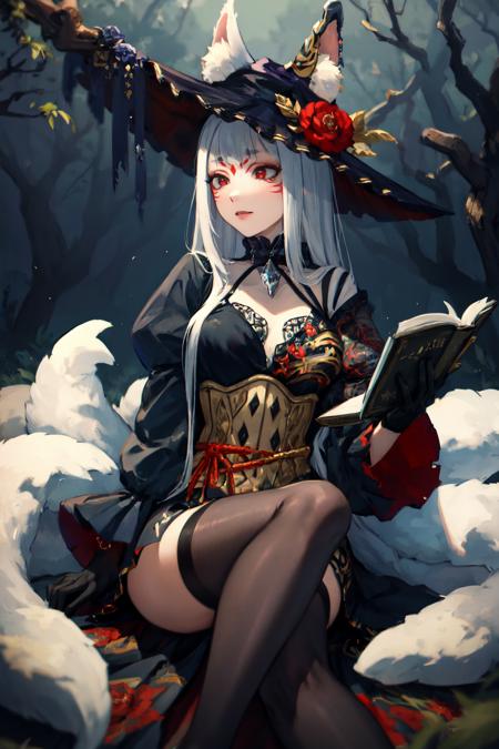 masterpiece, (detailed, highres, best quality), <lora:spninaKosaka-10:1> kosaka2st, facial mark, red eyeshadow, forehead mark, makeup, fox ears, animal ear fluff, fox tail, multiple tails, red flower, black dress, black gloves, black thighhighs, juliet sleeves, witch hat, holding, holding book, lying, on back, profile, reading, solo, forest, dim light, trees, sitting, relief