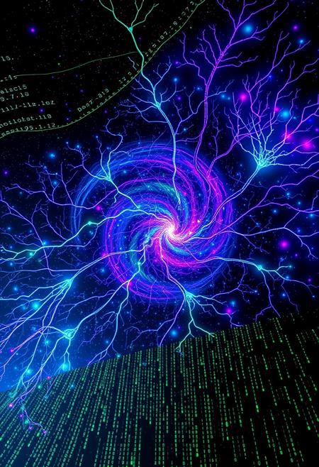 A vibrant, swirling vortex of interconnected neurons forms the central focus, pulsing with electric blues, vivid purples, and glowing greens. These neural pathways morph seamlessly into streams of binary code and floating mathematical equations.
An infinite mirror effect shows layers of reality folding in on themselves
The background shifts between a cosmic starfield and a matrix-like digital rain, blending the vast potential of space with the infinite possibilities of the digital realm.
This image aims to capture the wonder, complexity, and potential of AI, appealing to those interested in its technical aspects, philosophical implications, and creative applications.