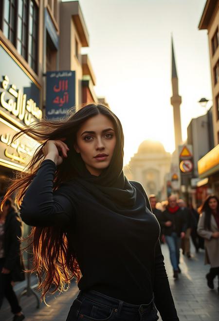 The young woman stands defiantly in the middle of a bustling street, her beauty radiant. As she pulls off her hijab, her long, dark hair flows in the breeze, reflecting the sunlight. Her striking features—high cheekbones, full lips, and deep brown eyes—capture both strength and vulnerability. Persian and Arabic shop signs line the street, their elegant script glowing under the fading sunlight. The silhouette of a mosque rises in the background, its minaret casting a long shadow over the scene. Onlookers watch, some with awe, others with fear, as the morality police close in. The sound of distant calls to prayer blend with the hum of the city, but all eyes are on her, a symbol of freedom against repression.