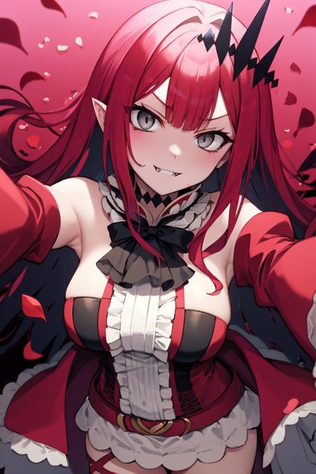 red dress, (red detached sleeves:1.1), white skirt, center frills, detached collar, tiara, grey eyes, center frills, black ascot, diamond choker, red hair, long hair, (curvy), medium breasts, tsurime, red belt, (pink aura:1.1)
BREAK upper body, fierce expression, (pink background:1.2), (rose petals:1.6), glowing eyes, parted lips, (evil grin:1.2), (fangs:1.3), chiaroscuro, dynamic lighting, in focus, thighs, red thigh strap
BREAK blood splatter, red paint splatter, (bloodstained background:1.2), black background, (gradient background:1.2), foreshortening, hand out of frame, pov, hug, bare shoulders
<lora:baobhanASC1v6-15:1>