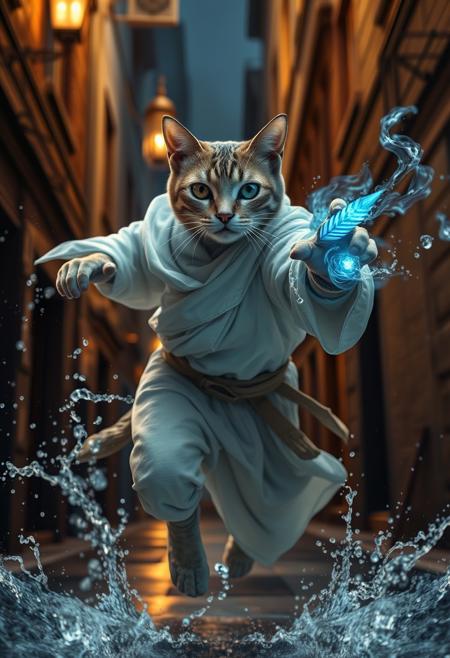 an anthropomorphic cat wearing white linen is depicted in an action pose, swirling water with an arrow symbol in cat hand, floating above a street in a dark city alleyway, swirling magic effects and swirling energy waves surround cat, with a blue glow on cat face and body, looking at the camera, hyper detailed, movie still, ultrawide