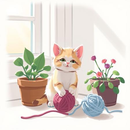 1 kitten. meowing. feeding. day light. window. plants.
Ball of yarn.