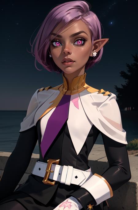 Psychic, short lavender hair , pink eyes,pointy ears ,  flat chest, 
upper body, sitting, 
white gloves, earrings, white belt , black uniform with long sleeves ,
stars, military base, night, outdoors, 
(insanely detailed, beautiful detailed face,beautiful detailed eyes, masterpiece, best quality) 
 <lora:Psychic-10v6:0.8>