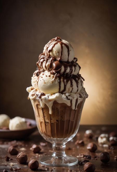 RAW photo, malted milk ice cream, hot summer day, food photo, DSLR, crushed malted milk balls and a chocolate drizzle garnish, soft lighting, high quality, film grain, Fujifilm XT