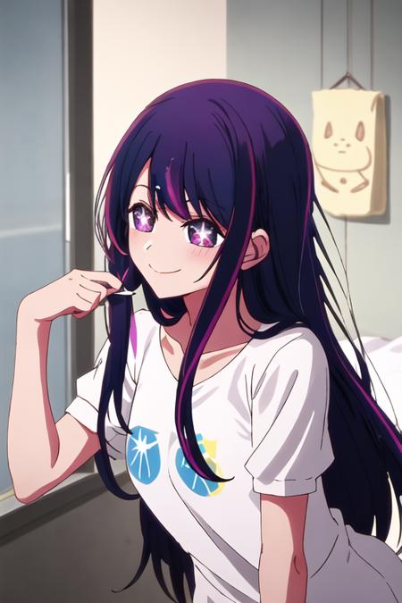 best quality, masterpiece, highres, solo, {hoshino_ai_oshinoko:1.15}, long_hair, purple_eyes, purple_hair, bangs, smile, symbol-shaped_pupils, multicolored_hair, star-shaped_pupils, closed_eyes, shirt, towel, blurry, white_shirt, 1girl, closed_mouth, 2girls, blue_hair, multiple_girls, upper_body, short_sleeves, sidelocks