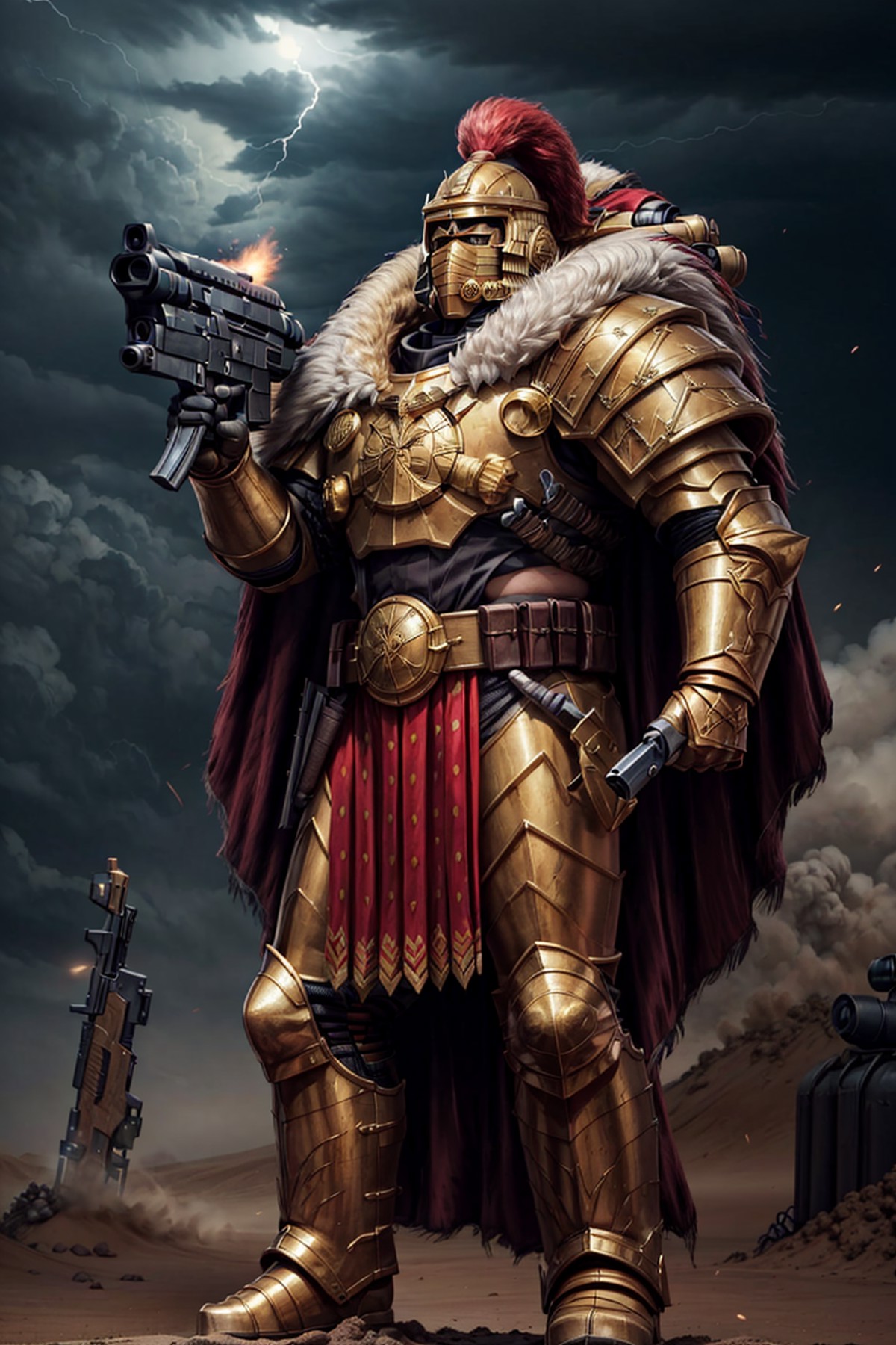 photo of josuke, wearing thunderwarrior armor, mask, helmet details, red plume, full armor, gold armor, armor detail, gold...