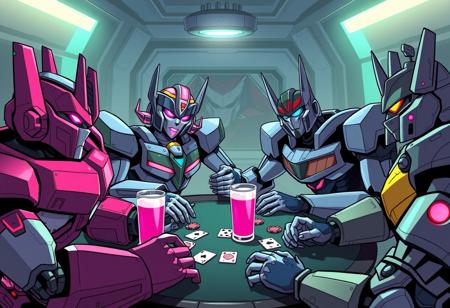 Robots, Male and Female Robots, Megatron, Arcee, Windblade, Starscream, Grimlock,  playing poker, playing cards, poker chips,  drinking glowing pink beer, in a futuristic room, comic book style