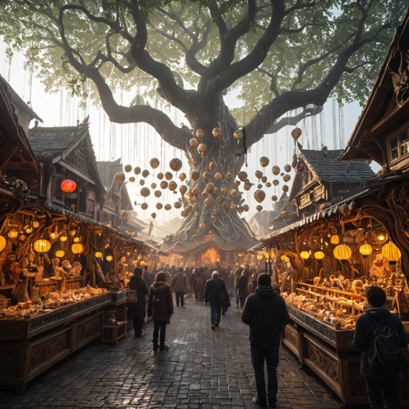 A vibrant, old-world style market with a mix of traditional and modern stalls, surrounded by intricately carved wooden buildings and colorful lanterns that cast a warm, golden light on the cobblestone streets. In the foreground, a sprawling tree with gnarled branches and vines covered in small, glowing orbs suspended from the knots serves as the market's central hub, drawing visitors towards it with an otherworldly aura. Vendors and customers of all ages and species mingle together, sharing laughter and stories, while intricately crafted automatons in various states of animation perform tricks for tips on tables, benches, and even flying above the crowd on gleaming wooden contraptions. At the far end of the market, a magnificent fountain featuring mythical creatures from different eras of history comes alive as water dances through glittering crystal channels, accompanied by a melodic chorus of harp, lyre, and flute melodies carried on the air by wisps of swirling mist that leave behind glittering silver trails.,