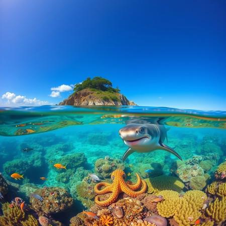 gopro photo  in the ocean, half of the image is above the surface the other half shows the vibrant underwater world of the coral reef , octopus, shark smiling, creating a sense of wonder and awe with bright vibrant colors and fish, island above