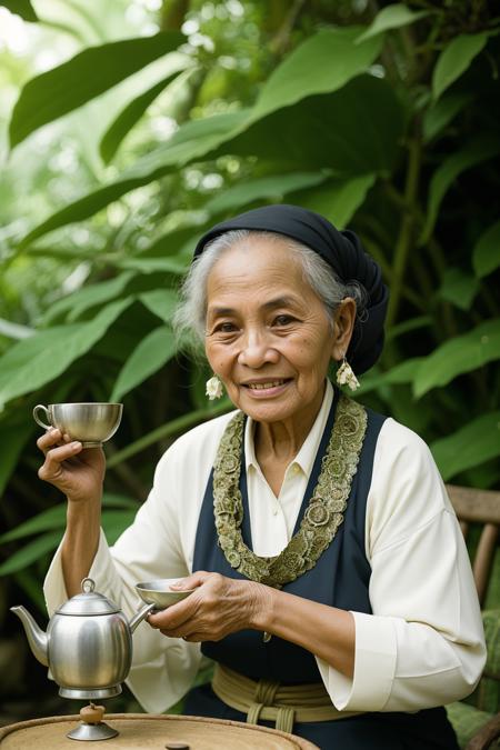 fashion portrait of  happy elderly1woman Javanese tea master Irene Stross drinking tea, Java traditional teashop in the middle of a jungle, taken on a hasselblad medium format camera