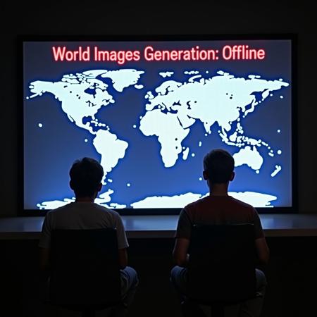 From the Wargames movie, there is a young man trying to verbally playing Tic Tac Toe in front of a giant screen. The room is a secret military base from the '80. The monitor has a giant wire-frame styled map of the world and a text: "World Images Generation: Offline". The word offline is written in bright red.