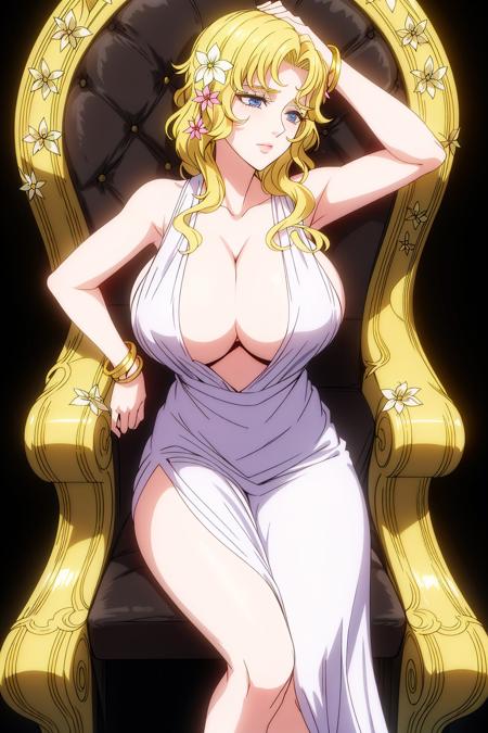 1girl, solo, aphroditeS,  <lora:aphroditeS_v1:0.6>, blond hair, hair ornaments, flowers in hair, huge breasts, white dress, cleavage, neckale, golden bracelets, 
sitting in throne, black background, arms down, arms resting in chair arm,
masterpiece, best quality, vibrant colors,  <lyco:GoodHands-beta2:1.0>