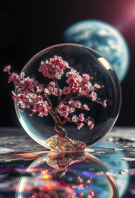 cherry blossom tree, completely transparent, reflective iridescent surface, glass art, colorful, translucent, Space, Lunar Surface, Cherry blossoms glow faintly, 
Earth in the background, 
Japanese art style, Japanese ink painting, 
best quality, sharp focus, high contrast, colorful, ultra quality, 8k, best quality,