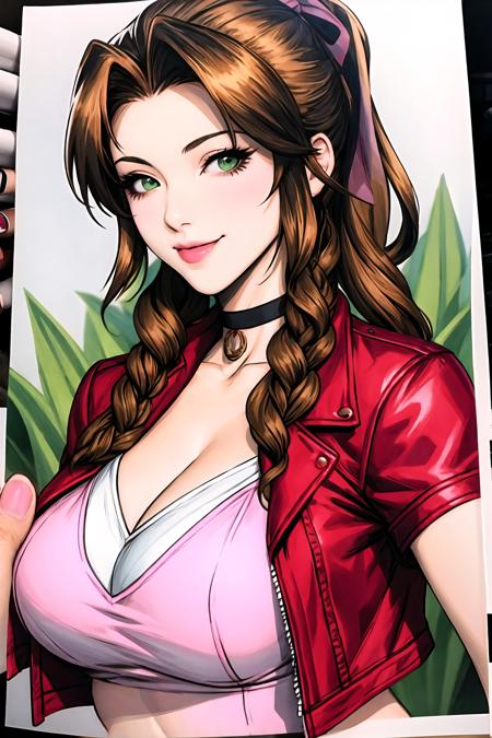 1girl, aerith gainsborough, solo, braid, brown hair, green eyes, flower, jacket, braided ponytail, long hair, upper body, red jacket, bracelet, ribbon, sidelocks, hair ribbon, jewelry, holding, short sleeves, lily \(flower\), holding flower, pink ribbon, pink dress, cropped jacket, smile, parted bangs, looking at viewer, choker, dress, medium breasts, marker \(medium\), huge breasts,(mature female:1.15),<lora:stanleylau-v1-naivae-final-6ep:0.7>