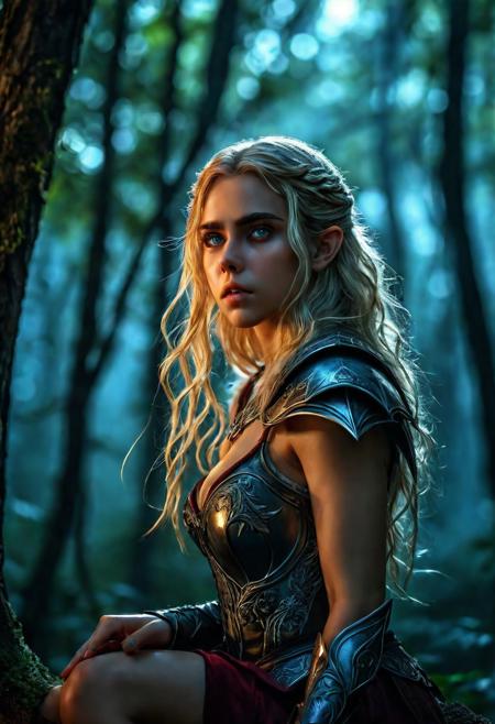 High resolution of ultra-realistic Beautiful Elf Warrior girl, ultra-realistic body, perfect athletic body, Attractive Elf girl, artgem, WLOP, sitting spread-legged on a stump in a dark forest, beautiful Kiernan Shipka as Elf Warrior girl, night of the full moon, realistic elven leather armour, pointed elf ears, defiant and seductive, covered in dirty and blood, cinematic colors Lighting, extremely detailed, 8K, wavy blonde hair, realistic dirty pale face, realistic blue eyes, beautiful Elf girl on in dark fantasy cool outfit, hyper-detailed, hyper-realistic, Attractive 21 old years Elf woman, Attractive, beautiful firm Breasts, wet and sweaty skin, Dark fantasy style, Dark fantasy atmosphere, sharp focus, digital painting, Photograph Taken on Nikon D750, Alphonse Mucha, 8K, athletic figure, Hyperdetailed, hyperrealism, attractive woman, beautiful woman of athletic body, Attractive bust girl, asymmetric balance