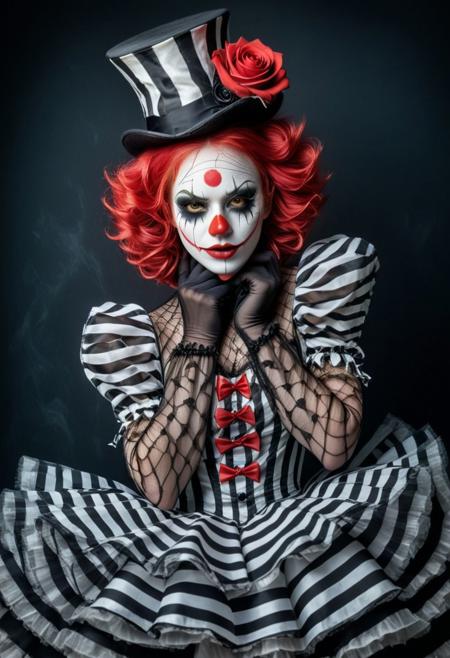 A beautiful woman with vibrant red and white hair, wearing clown-like makeup on her face, black nails shaped like roses, a striped top hat, fishnet sleeves and a skirt, holding her hands around her neck, set against a dark background, in a fantasy style, with hyper-realistic photography and photorealistic elements