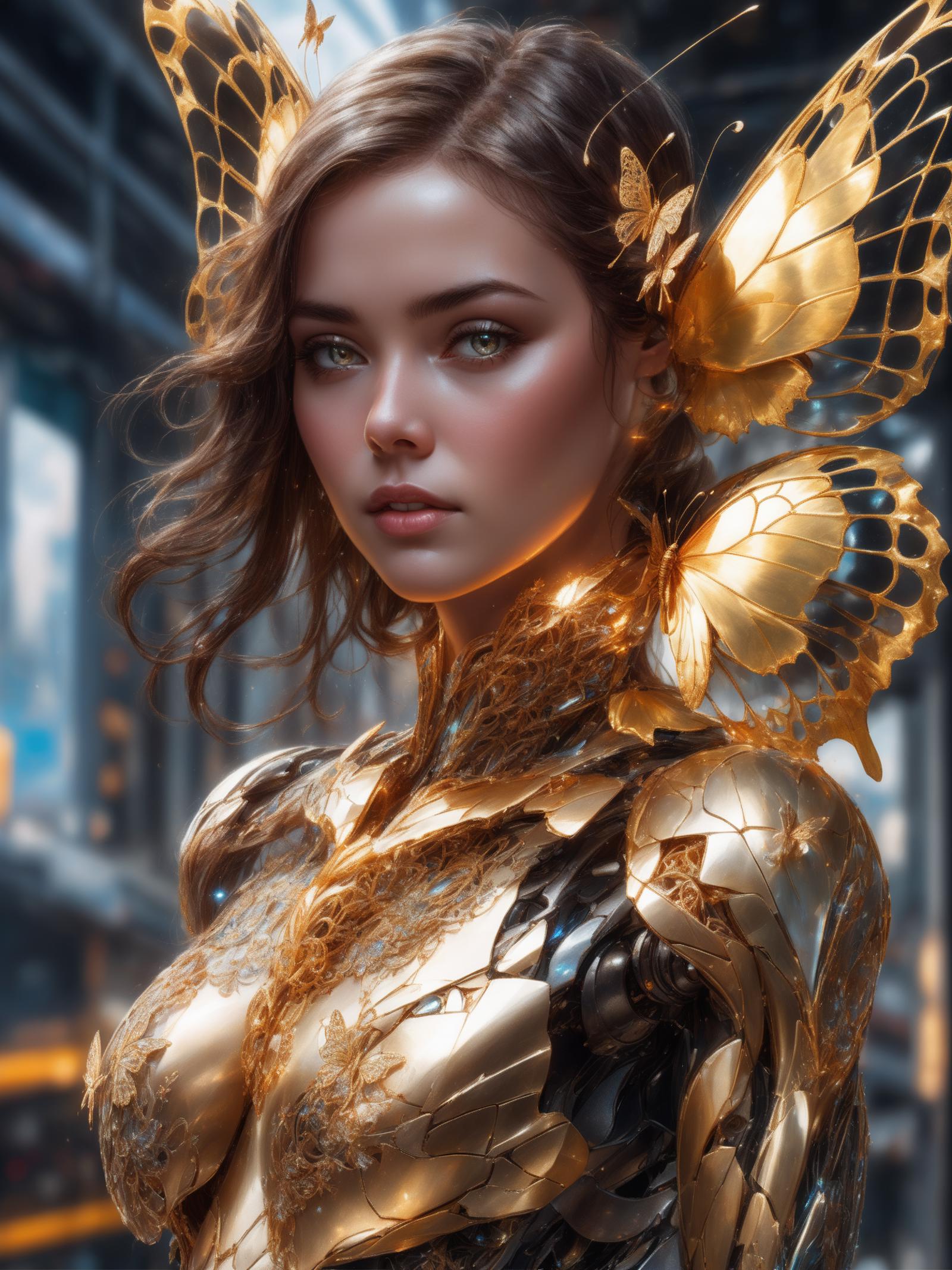 A woman wearing gold and black, with green eyes, poses in a futuristic setting.