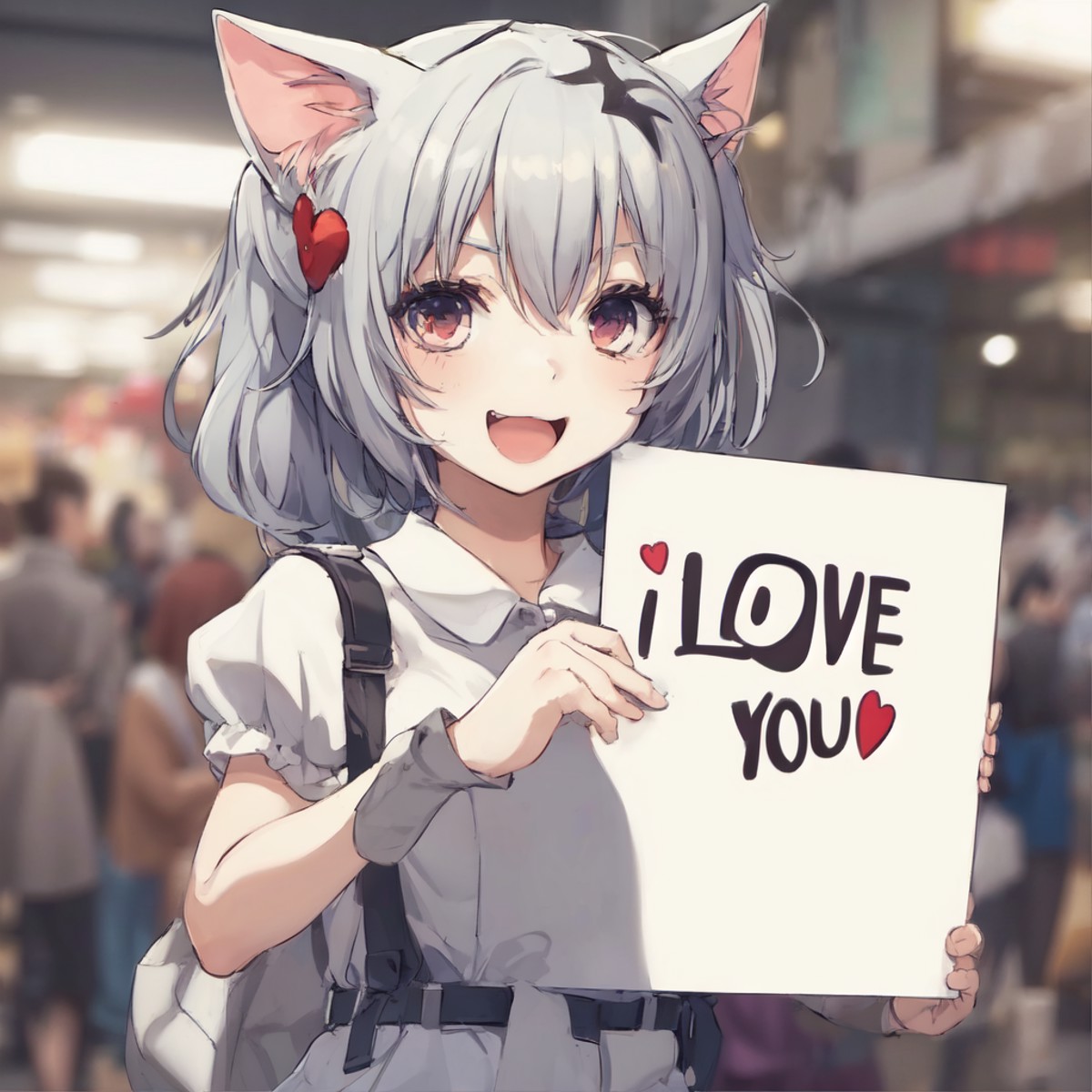 anime, photo of a cute catgirl holding a sign that says "I love you"