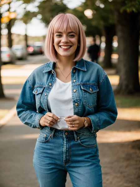 Realistic photo of a beautiful l1ly4 woman,1girl, solo, long hair, looking at viewer, smile, bangs, blonde hair, shirt, teeth, pants, mole, grin, blurry, blurry background, denim, jeans, realistic, denim jacket, soft lighting, professional Photography, Photorealistic, detailed, RAW, analog, sharp focus, 8k, HD, DSLR, high quality, Fujifilm XT3, film grain, award winning, masterpiece<lora:l1ly4:1.0>