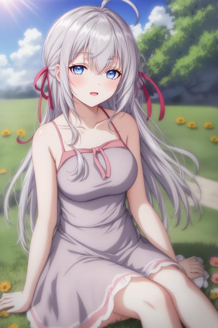 alisa,1girl,solo,long_hair,looking_at_viewer,bangs,blue_eyes,hair_between_eyes,hair_ribbon,ahoge,grey_hair,summer_dress,(pink_dress:1.2),sitting_on_ground,flower_field