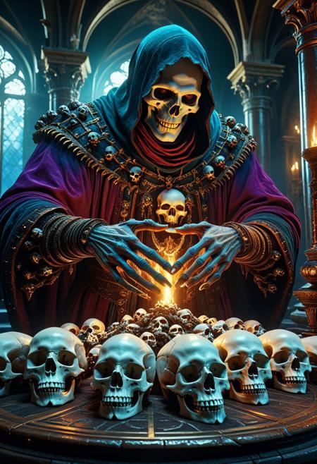 aidmamj6.1, necromancer grabbing a handful of skulls, fantasy building interior, detailed background, Detailed face, detailed eyes, perfect eyes, absurdres, high quality, masterpiece, very aesthetic, 8K resolution, ultra-detailed cinematic composition, contemporary concept art style, volumetric magical atmosphere with ethereal glow, rich complementary color palette, vivid gradients and chiaroscuro contrast, dynamic perspective with layered depth of field, inspiring awe-inspiring mood, Unreal Engine 5 render quality, intricate textures, flawless anatomy, rule of thirds composition, luminous highlights, surreal ambiance, award-winning illustration, harmonious balance of light and shadow, photorealistic details, ArtStation trending, chromatic accents, nostalgic futurism, dreamlike serenity, bold creativity, professional finish, sharp focus, ambient background, fascinating dynamic motion,, Baroque art style, dynamic composition, dramatic lighting, rich colors, intricate details, professional-grade execution, captures the grandeur and theatricality of the Baroque period