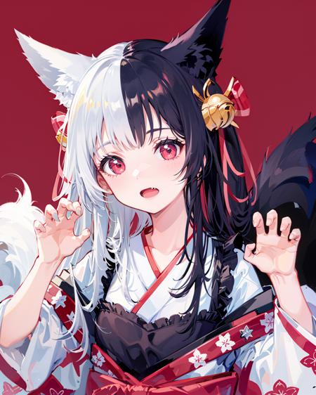 1girl,solo,fox_ears,alicemanabell, <lora:AliceManaV1:0.9>,open mouth, closed mouth, upper body, (claw pose),skin fang, kimono