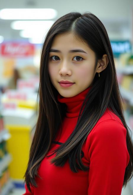 portrait of a young woman pokimane, wearing a red turtleneck dress. She has dark brown hair and brown eyes. She is in walmart, black skirt,