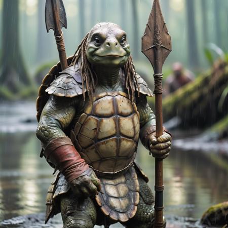 highly detailed portrait photo of a (tortle):1.0,

ttortle, solo, looking at viewer, holding, standing, weapon, holding weapon, armor, blurry, blurry background, polearm, rain, spear, realistic, holding polearm, chainmail,

a primitive camp in a swampy jungle,

depth of field:1.2, blurry, blurry background,
realistic:1.3,

photorealistic,
fantasy, cinematic,
32k, best quality, 
god rays:1.2,
dappled sunlight:1.1,
shadow play:1.1,




