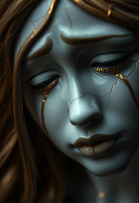 Closeup of a Cracked Porcelain woman crying, face, gold hair, kintsugi, cracks repaired with gold, golden tears, surrealistic, dark background, dramatic light