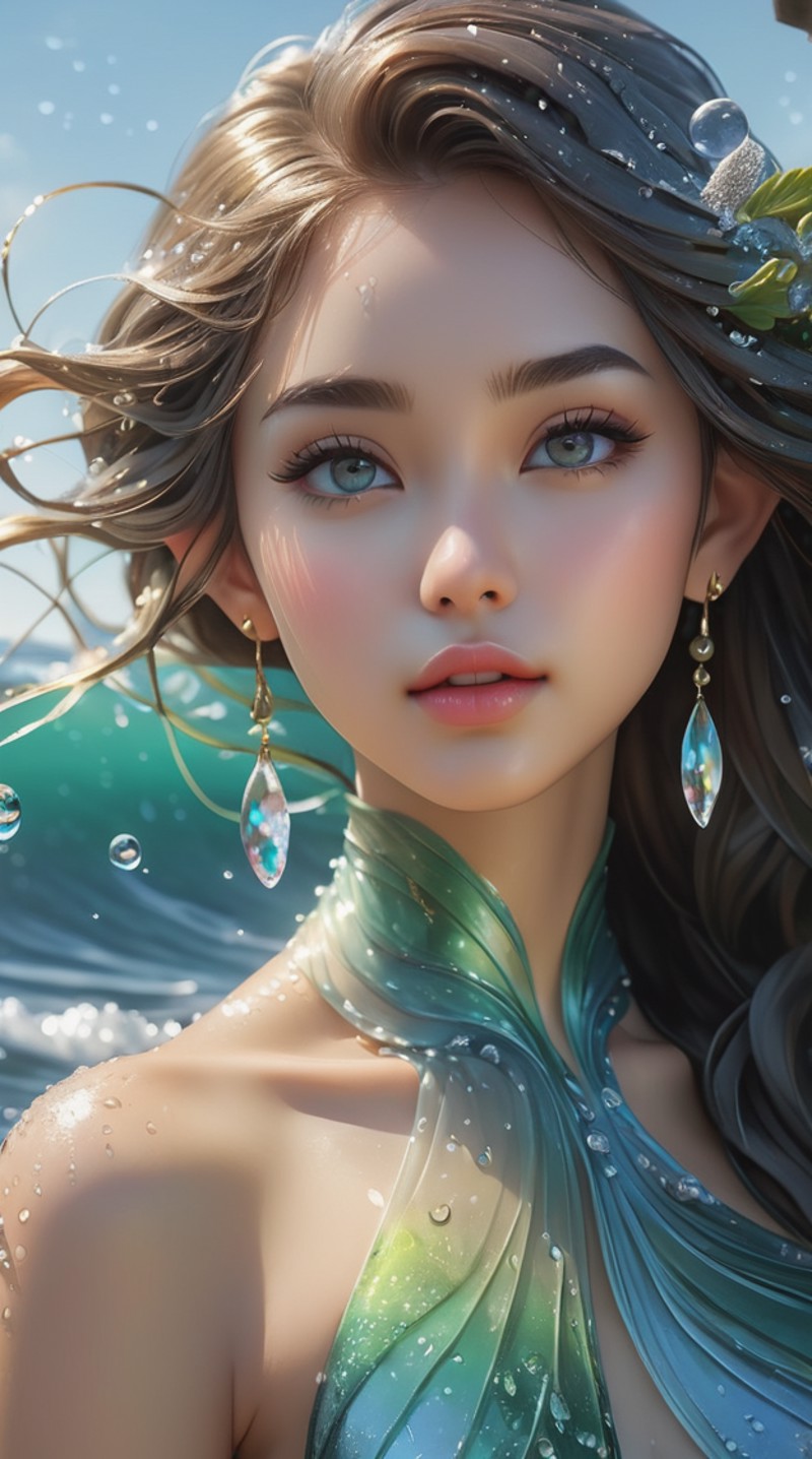 photorealistic, 1girl, water elemental girl, (hybrid ocean girl: 1.4), (droplets swirling in the wind), ocean girl, (enshr...
