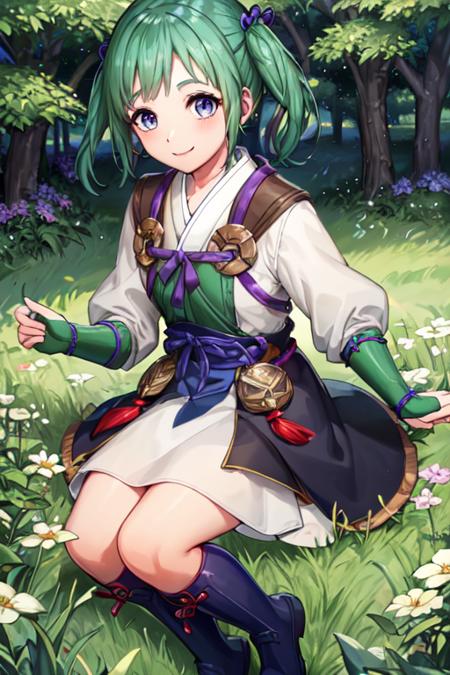 <lora:midoriV1:0.9>,smile,midori, boots, japanese clothes,  looking at viewer, bridal gauntlets,black footwear, white skirt, long sleeves, purple ribbon, white kimono,blue footwear, hair ornament, hair ribbon, knee boots, gloves,grass_field,(masterpiece, best quality, ultra-detailed, best shadow)