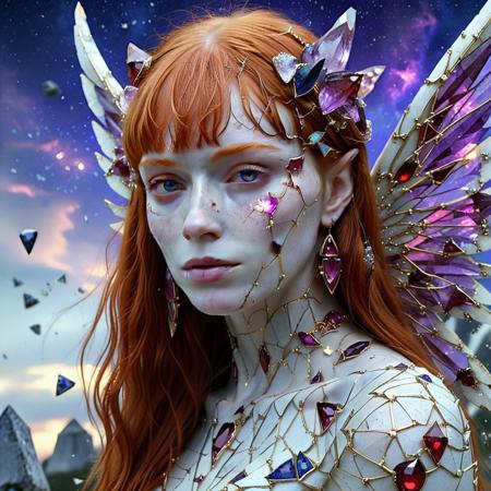 rating_safe, masterpiece, high_quality, Score_9, Score_8, Score_7, Score_6, a fairy (long ginger hair, blunt bangs, freckles) with cracked porcelain skin clad in crystals, her wings made of geometric ruby, amethyst, sapphire gems, trailing magical shards behind her in the sky.
rp_slgd, Kintsugi77, cs-cr1stal-v2