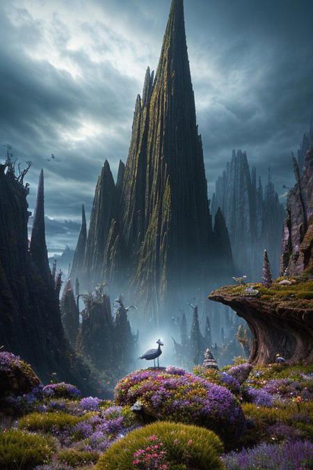 famous artwork by (igor sid:1.2) and (jae cheol park \(valentina kallias\):1.1), (dramatic scene:1.4), (fractal art:0.7), fantasy style, dynamic angle, in the twilight hours on planet niflhalla a (fantastical creature known as long-nosed necrolurd:1.2) with its avessational (shimmering scales:1.4) roams the colorful jagged rock formations lamshmarfeling the (surreal looking bogs:1.2), this (wondrous creature:1.4) blends almost seamlessly with its surreal vlorm