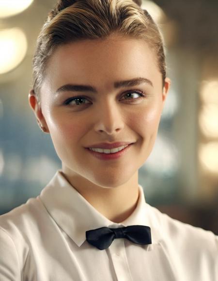 cinematic photo skswoman, looking at viewer, smile, short hair, shirt, bow, closed mouth, white shirt, bowtie, lips, portrait, realistic, bokeh, professional, 4k, highly detailed <lora:Chloe Grace Moretz:1.2>