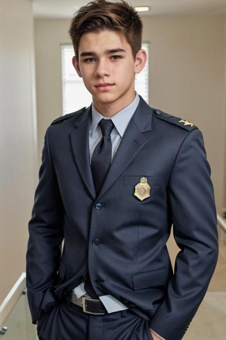 realistic, sfw, an attractive 18 years old fit caucasian boy standing, police uniform, <lora:noah:0.7>, NOAH,