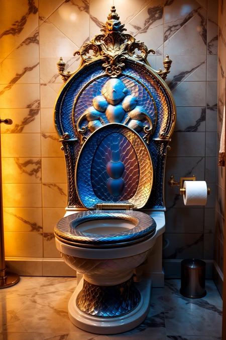 sn4k3. A luxurious bathroom with a pristine toilet resembling a throne, except the seat is covered in smooth, iridescent sn4k3 skin. A tiny, forked tongue flickers from the hinge. The roll of sn4k3 toilet paper. Warm, cozy bathroom lighting with an golden atmosphere.
